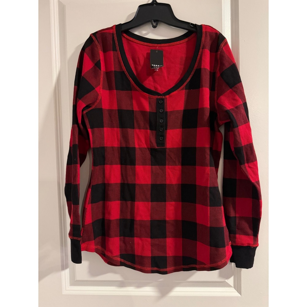 Torrid Womens Long Sleeve Buffalo‎ Plaid Henley Thermal Top Size 1 Red Black